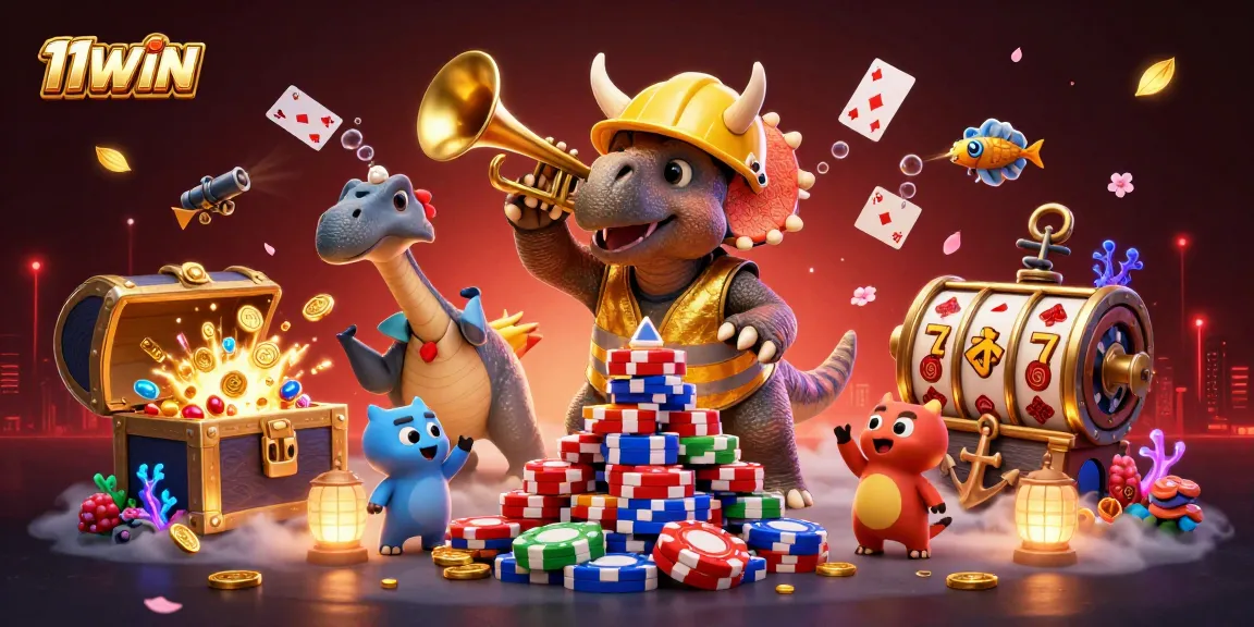 Celebrate wins at 11WIN with a vibrant 3D casino scene featuring playful characters and dynamic gaming elements.