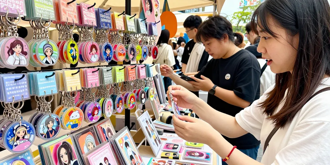 Vibrant acrylic keychains on display, showcasing colorful designs and a shopper selecting a favorite.