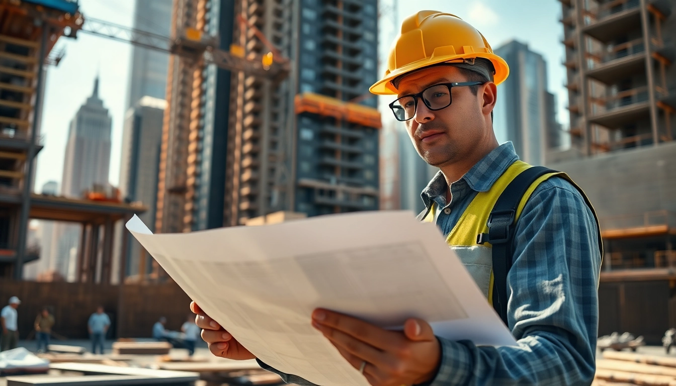 New York Construction Manager analyzing plans at a bustling construction site.