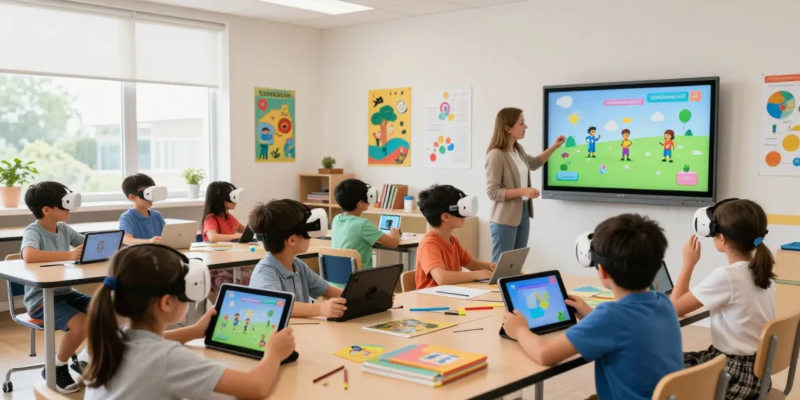 Engaging classroom scene showcasing edutainment with children using tablets and VR headsets for interactive learning.