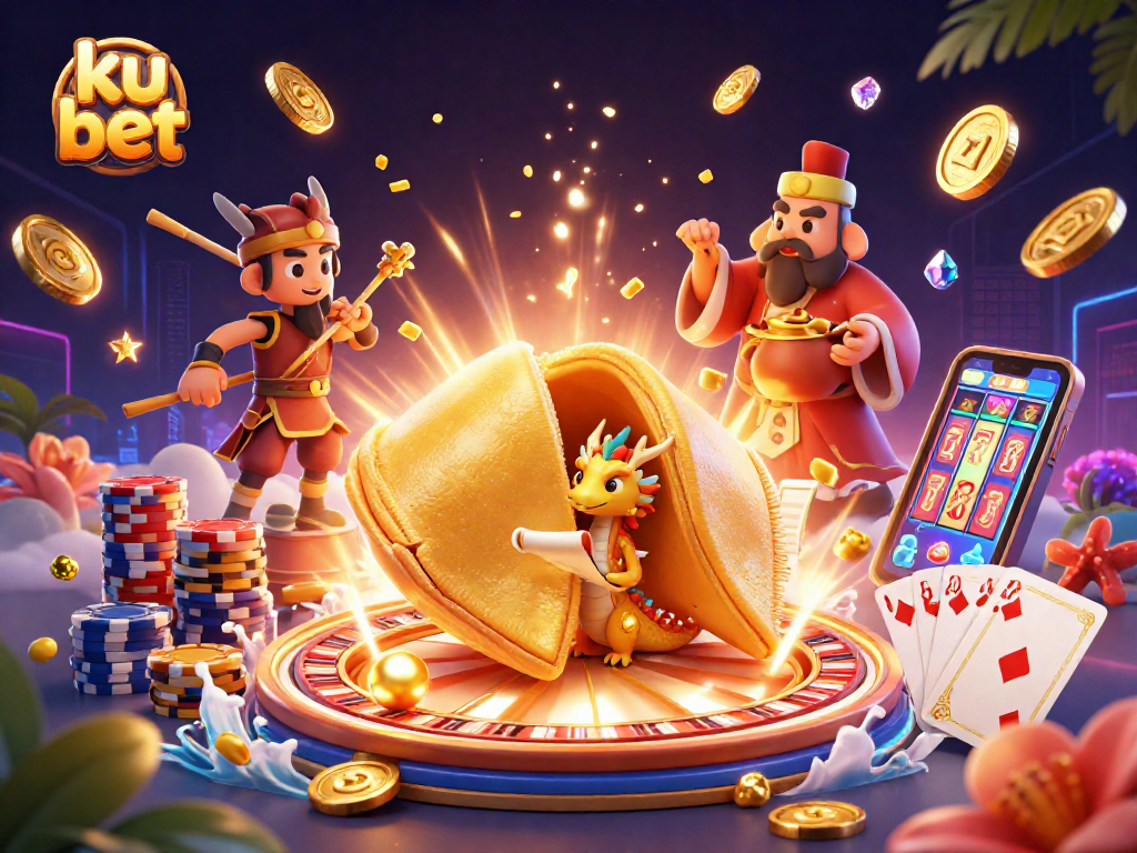 Engage with ku bet for exciting casino thrills featuring a golden fortune cookie and dynamic gaming elements.