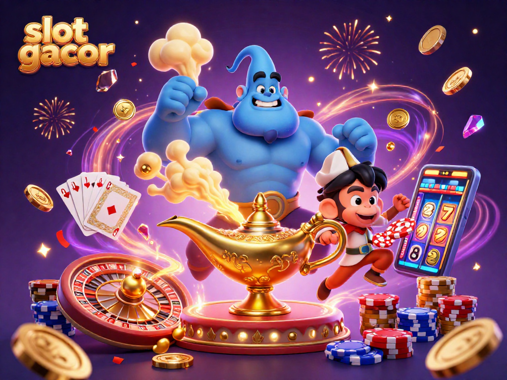 Spin the slot gacor reels with excitement, as golden coins and poker chips cascade in a vibrant casino scene!