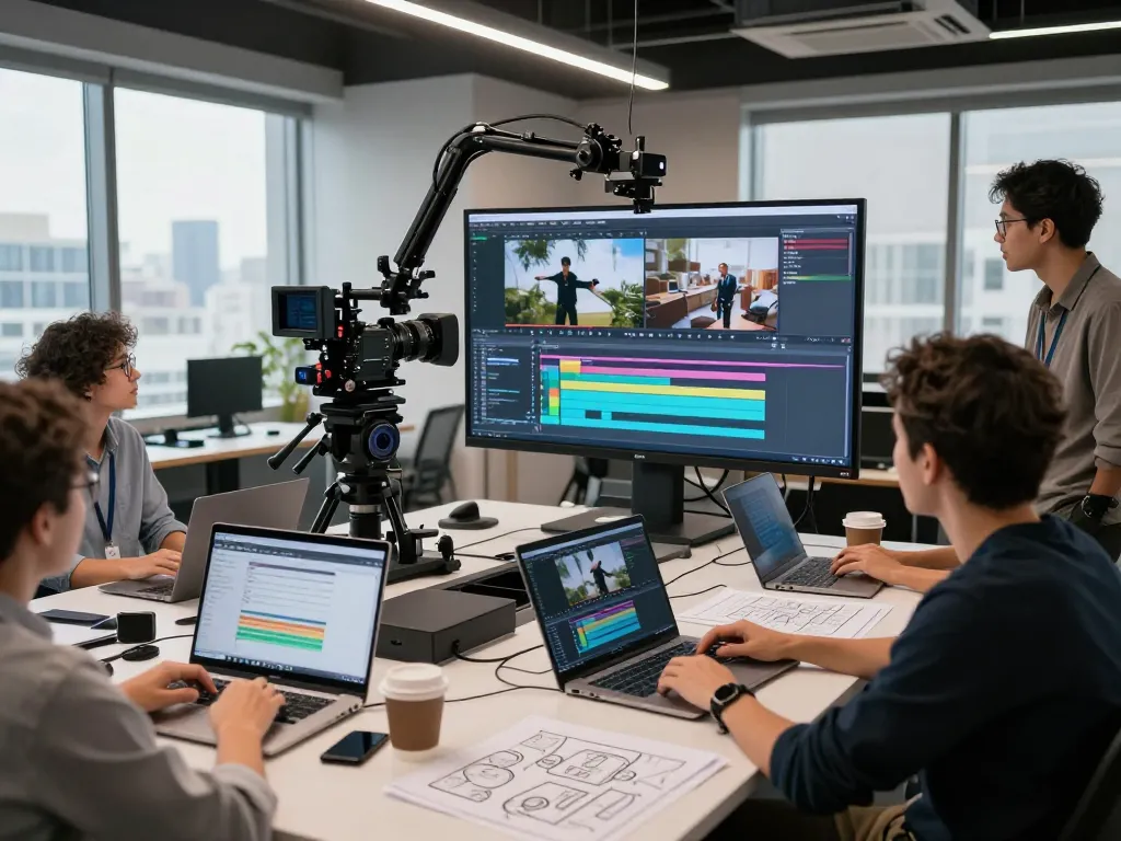 Dynamic video editing team utilizing mind control AI for seamless video production in an innovative workspace.