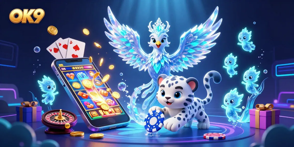 Engage with OK9's unique gaming experience featuring an ice phoenix and playful sprites in a vibrant casino scene.