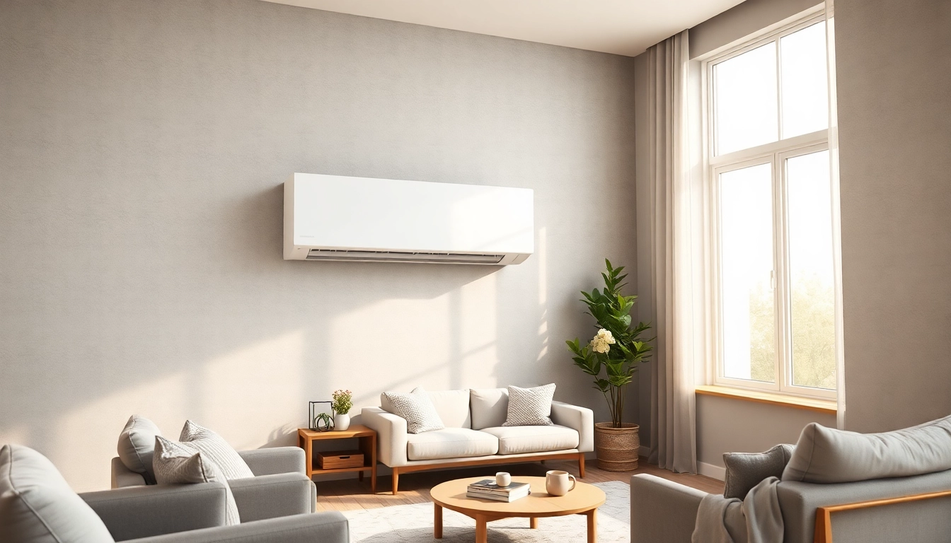 Mitsubishi mini split AC unit elegantly displayed in a modern living room environment.