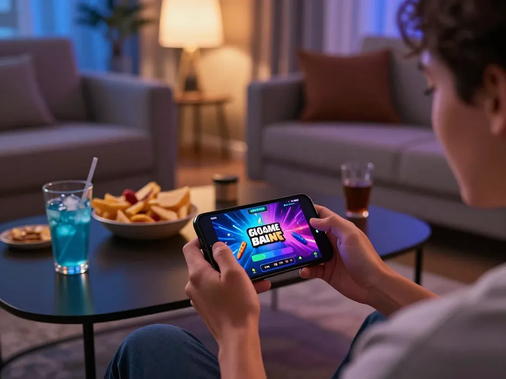 Player enjoying 68 Game Bài on smartphone in cozy home setting with snacks.