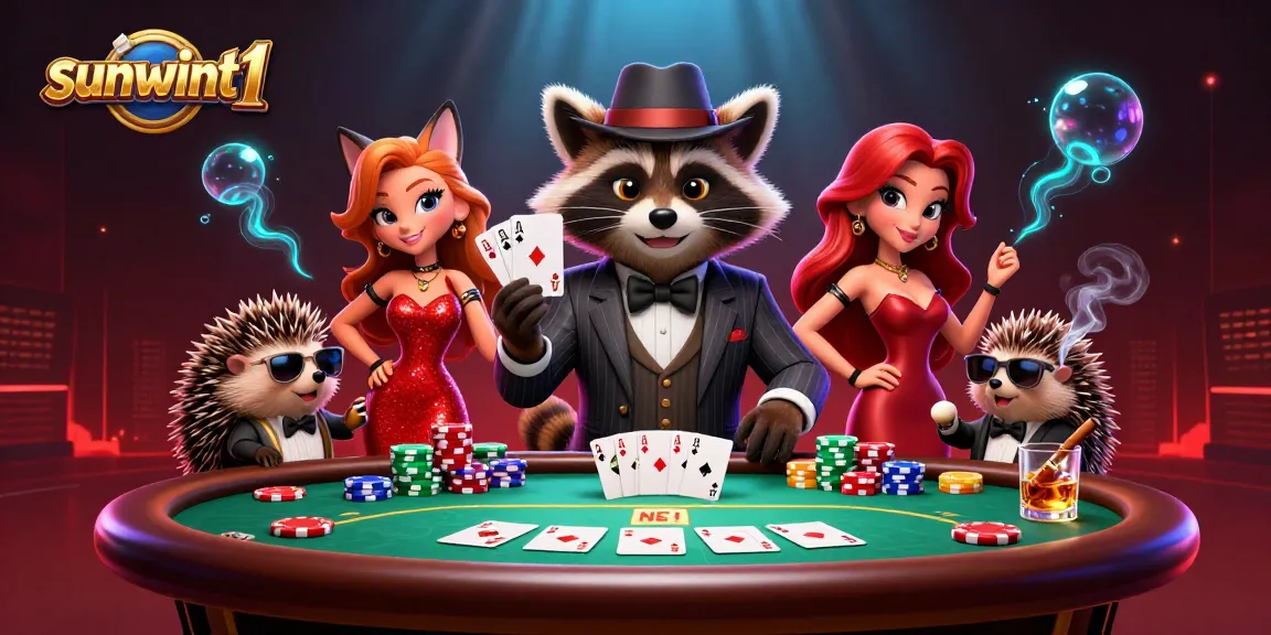 Join the seamless action at sunwint1 with a raccoon champion holding a royal flush at a lively poker table.