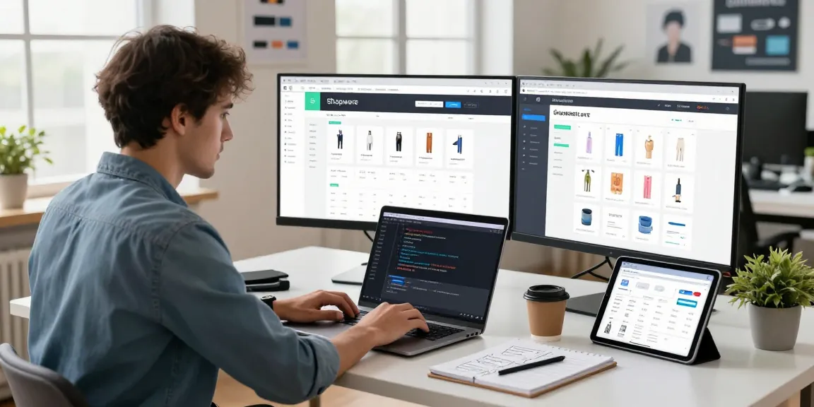Web developer at SP Webconsulting optimizing a Shopware e-commerce site in a modern workspace.