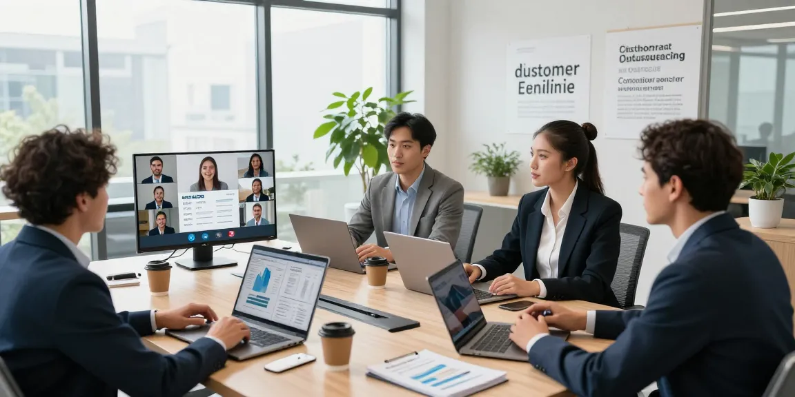 Customer service outsourcing discussion among diverse professionals in a modern office.