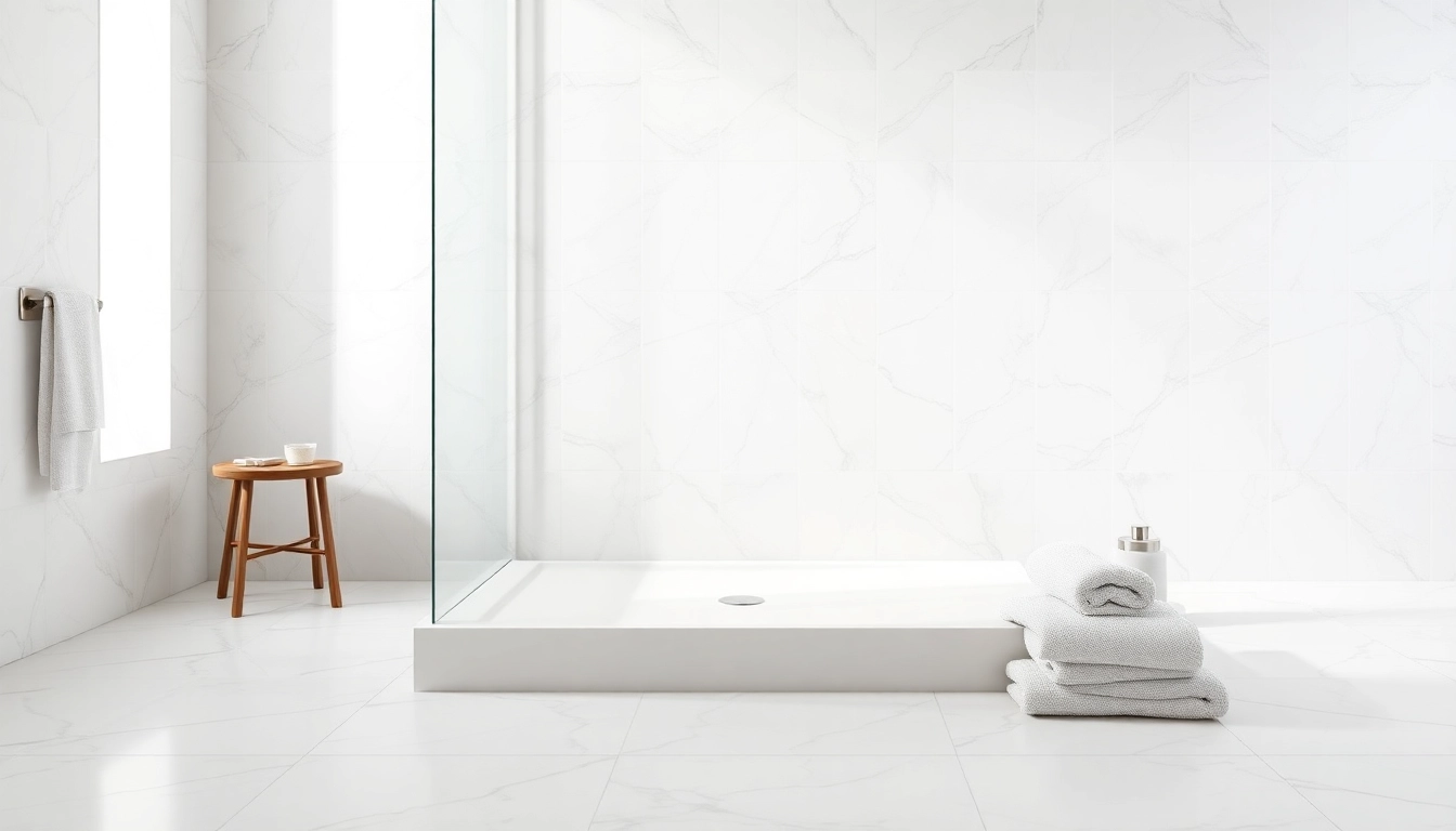 Showcase an elegant shower base shower set in a modern bathroom with rich textures and natural lighting.