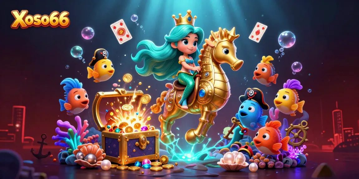 Xoso66 showcases a lively underwater world with a mermaid princess, seahorse, and festive gambling elements for an engaging gaming experience.