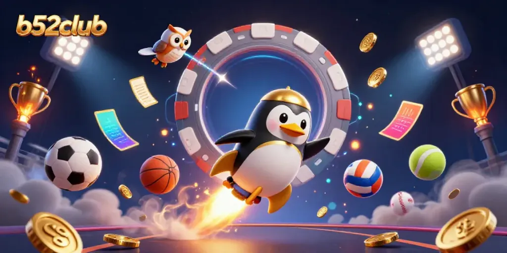 Experience thrilling gameplay at b52club with the dynamic golden penguin rocket and casino elements.
