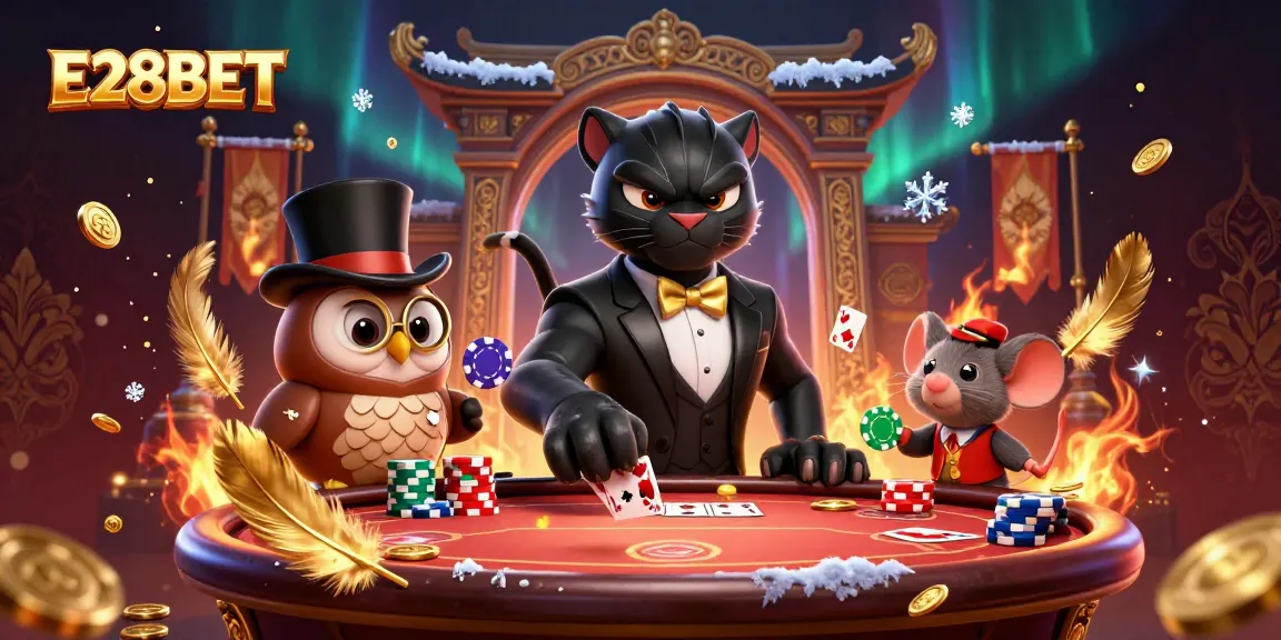 E28BET showcases an elegant panther dealing cards at a poker table with enchanting characters in a vibrant casino setting.