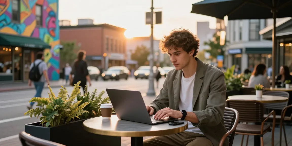 Engaging outdoor workspace at https://www.thedrowntown.com featuring a professional using a laptop in a vibrant city setting.