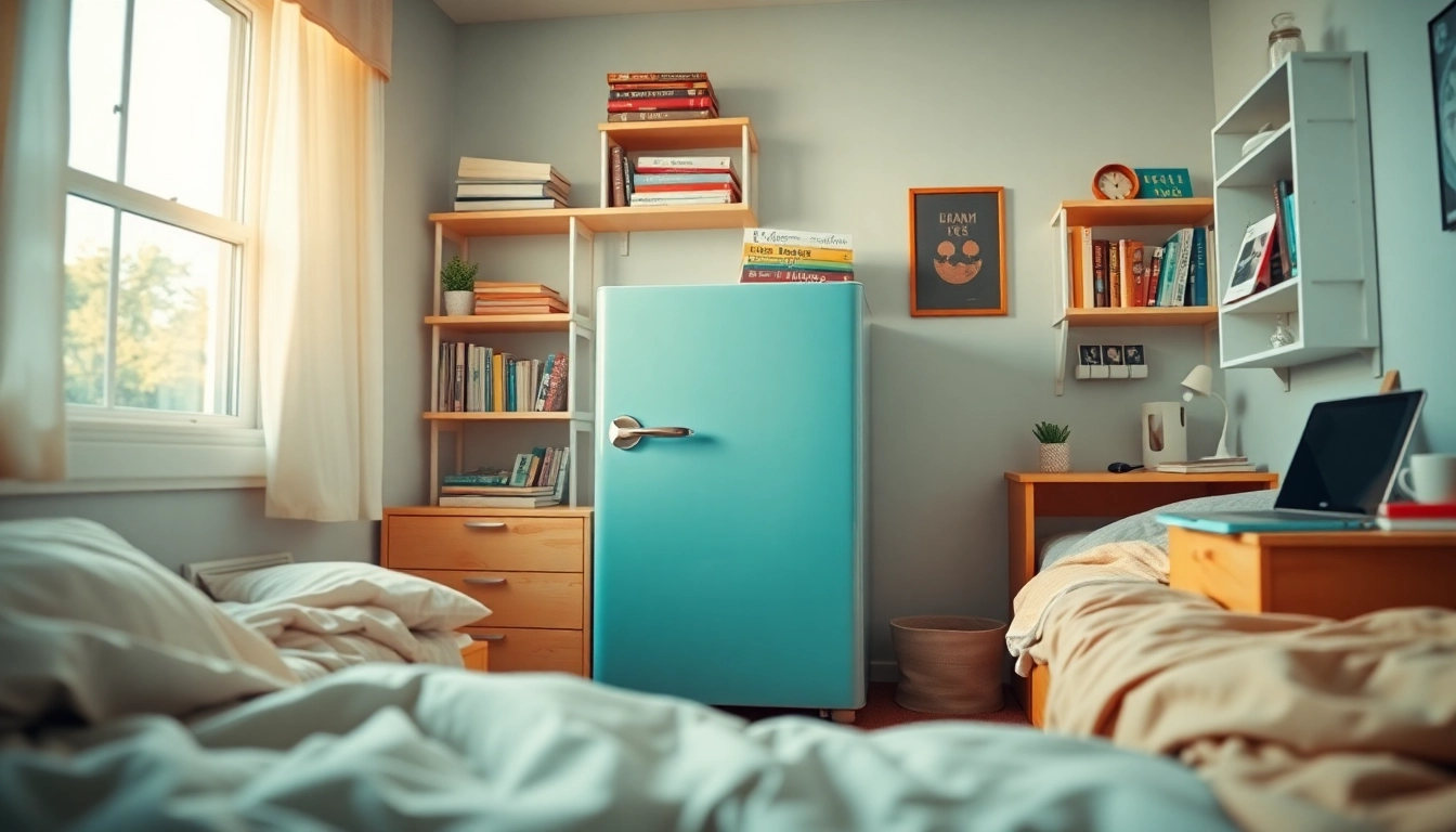 Organized dorm room fridge filled with snacks and beverages, showcasing practicality for student living.