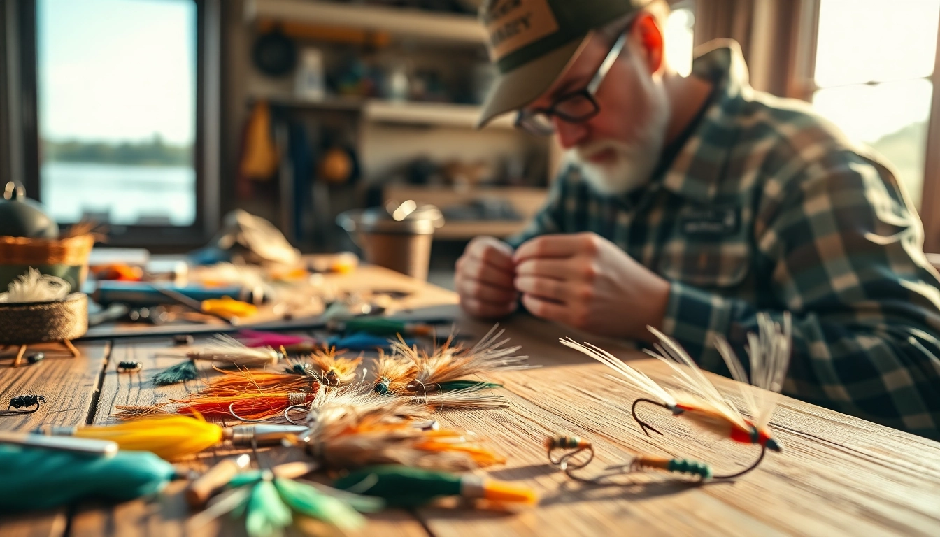 Expertly engaged in fly tying on a wooden workbench, showcasing colorful threads and feathers.