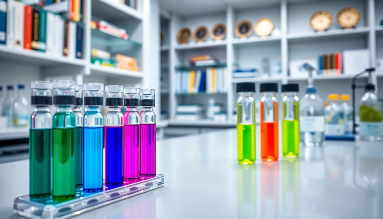 Showcase of Hydro Research peptides in a modern lab with vibrant colored solutions and professional equipment.