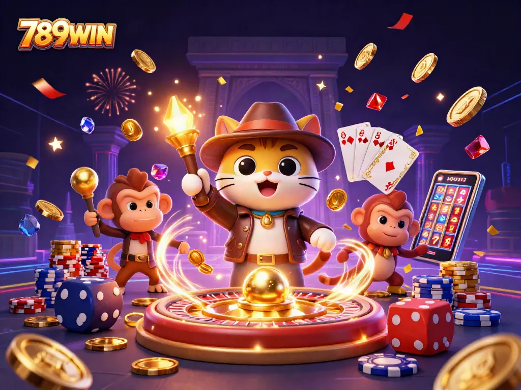 Win big with 789WIN as a cartoon archaeologist cat uncovers casino treasures!