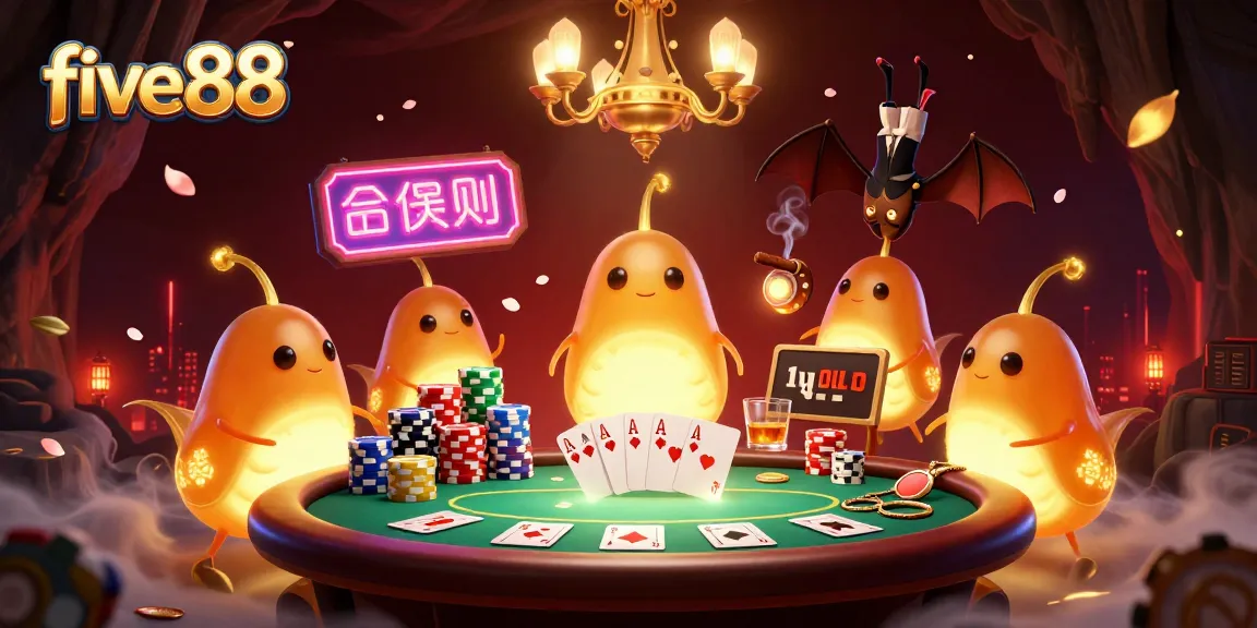 Experience the vibrant glow of five88 in a lively cave casino with cartoon glowworms and a bat dealer.