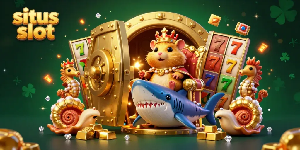 Experience vibrant action with situs slot characters in a 3D casino scene featuring golden treasures and a brave hamster king.