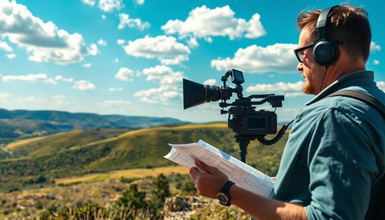 Location scouting in a scenic landscape with a cinematographer examining a map.
