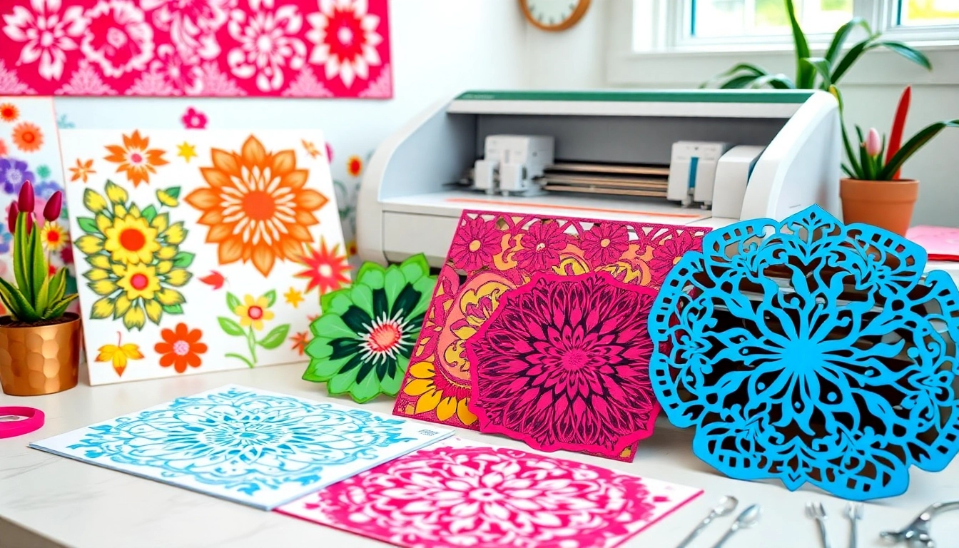 Explore SVG cut files free download showcasing colorful designs and crafting tools in a creative workspace.