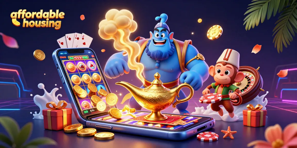 Experience affordable housing possibilities with vibrant casino-themed characters in a lively setting.