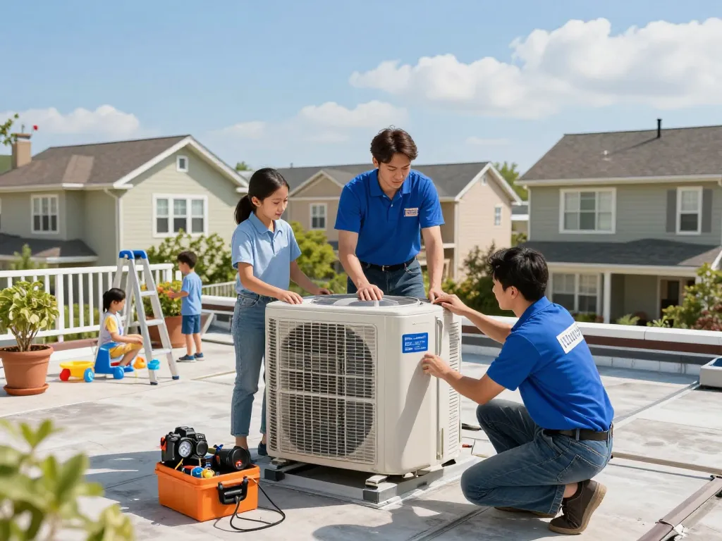 HVAC technicians installing a residential air conditioning unit, showcasing trust and expertise in home services.