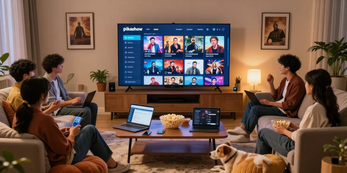 Pikashow streaming scene with friends enjoying a movie night in a cozy living room.