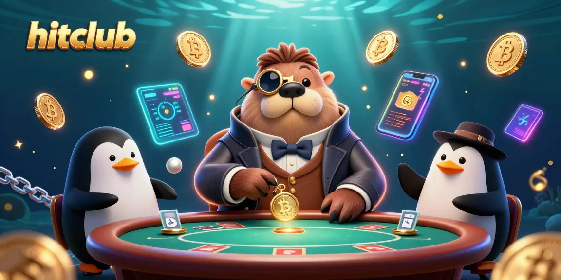 Join the action at hitclub with a vibrant underwater poker scene featuring exciting characters and crypto elements.