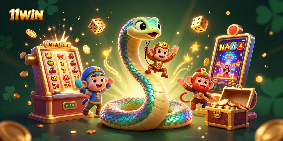 Engage with the vibrant 11WIN casino adventure featuring a playful monkey king and a rainbow serpent.
