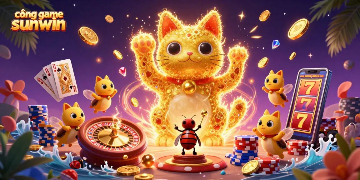 Cascading golden coins surround cổng game sunwin's lucky cat illustration, reflecting vibrant casino energy.