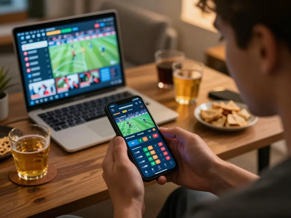 Engaging scene showing a person using their smartphone for debet betting, with live odds displayed and snacks on the table.