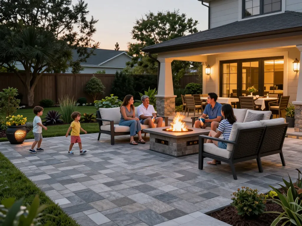Paver installation near me showcasing a luxurious outdoor space with a family enjoying a stylish patio and fire pit.