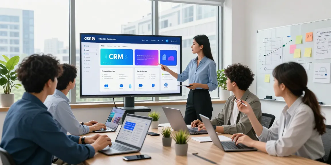 Diverse professionals collaborating in a modern office around a CRM with built-in marketplace, showcasing innovative software solutions.