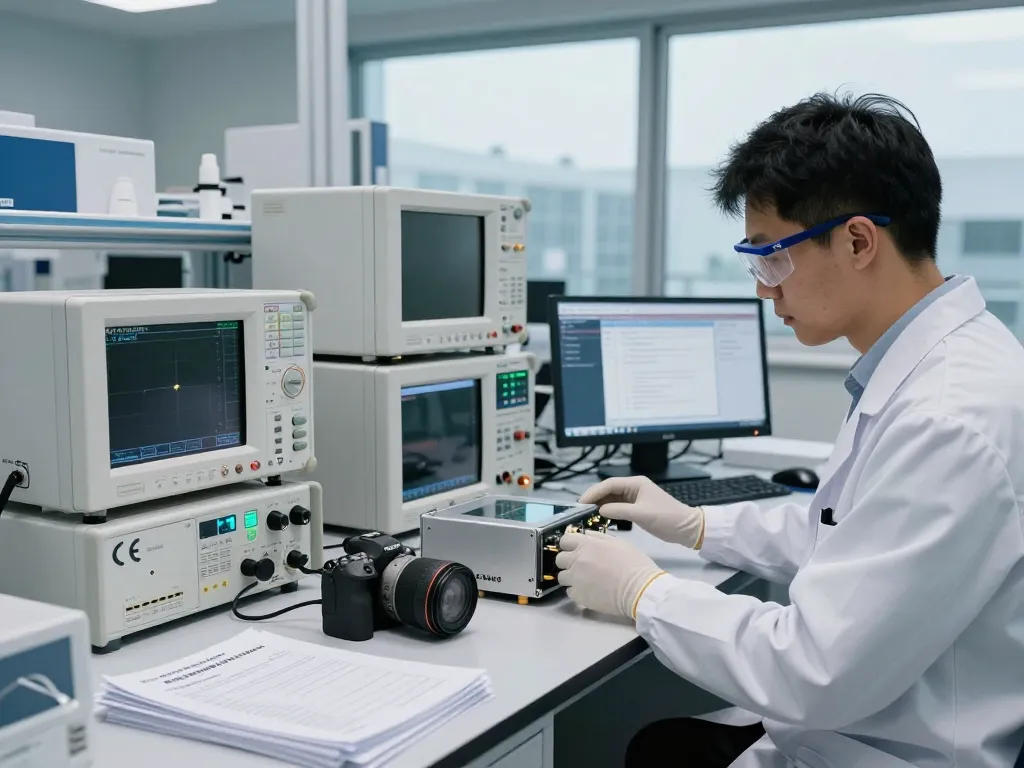 CE certification testing process in a modern laboratory environment with advanced equipment and professional engineer.