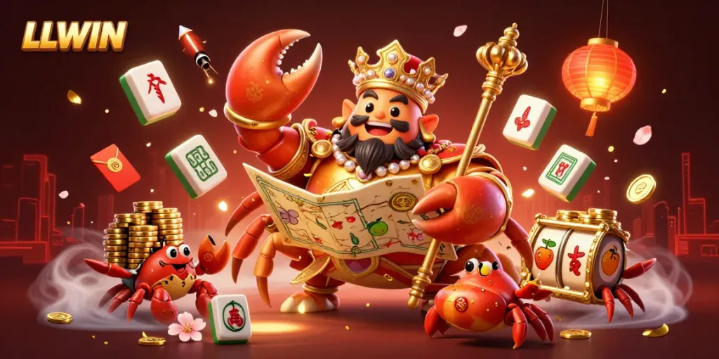 LLWIN showcases a vibrant slot game scene with a golden crab emperor and dynamic casino elements.