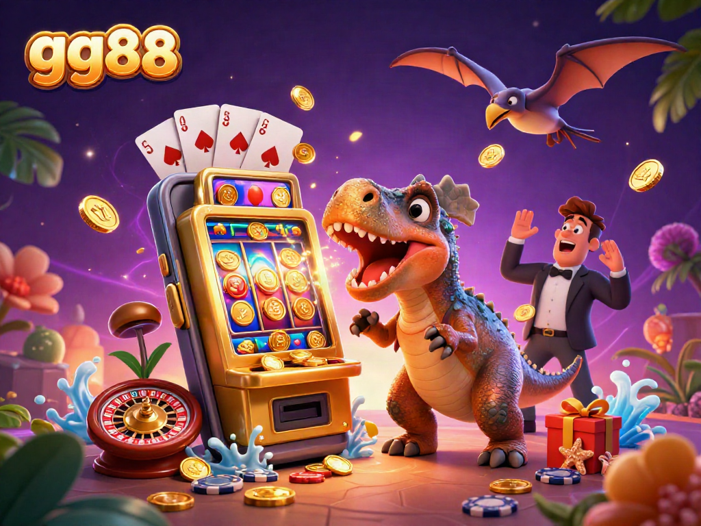 gg88 slots scene with cartoon dinosaurs interacting with a golden slot machine