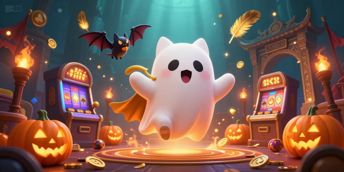 Experience go 88 with a ghost cat and bat in a haunted casino filled with glowing tokens.