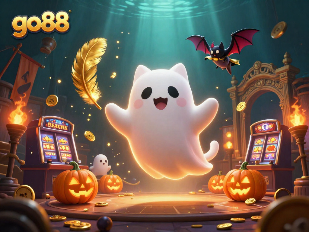 Win big with go88's haunted casino adventure featuring a ghost cat and bat in a vibrant 3D scene.