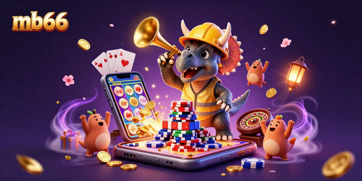 Engage with mb66's vibrant casino action featuring a triceratops and dinosaur friends celebrating wins.