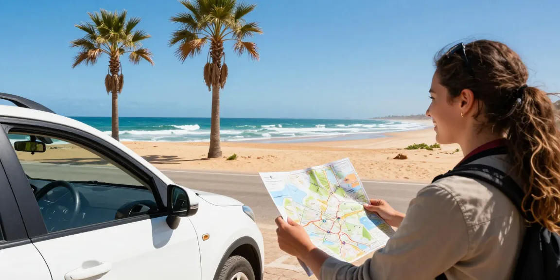 Agadir Car Rentals Official - Scenic coastal drive with a rental car near the beach.