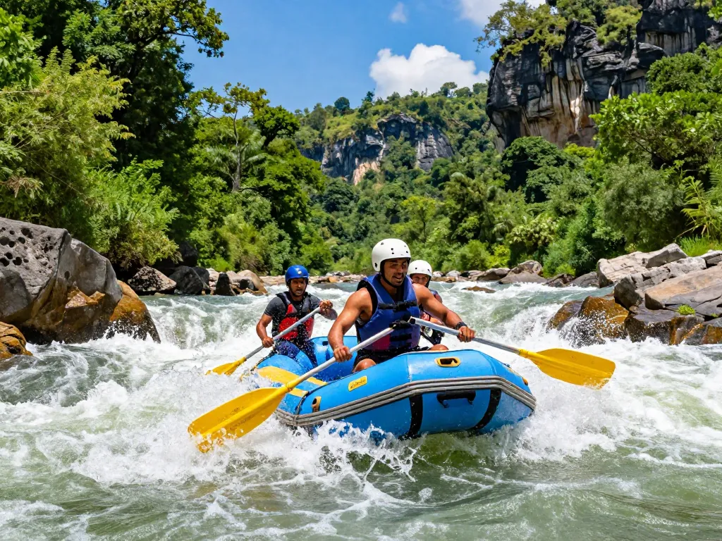 Dandeli rafting adventure on the Kali River with lush forest backdrop and excited travelers.