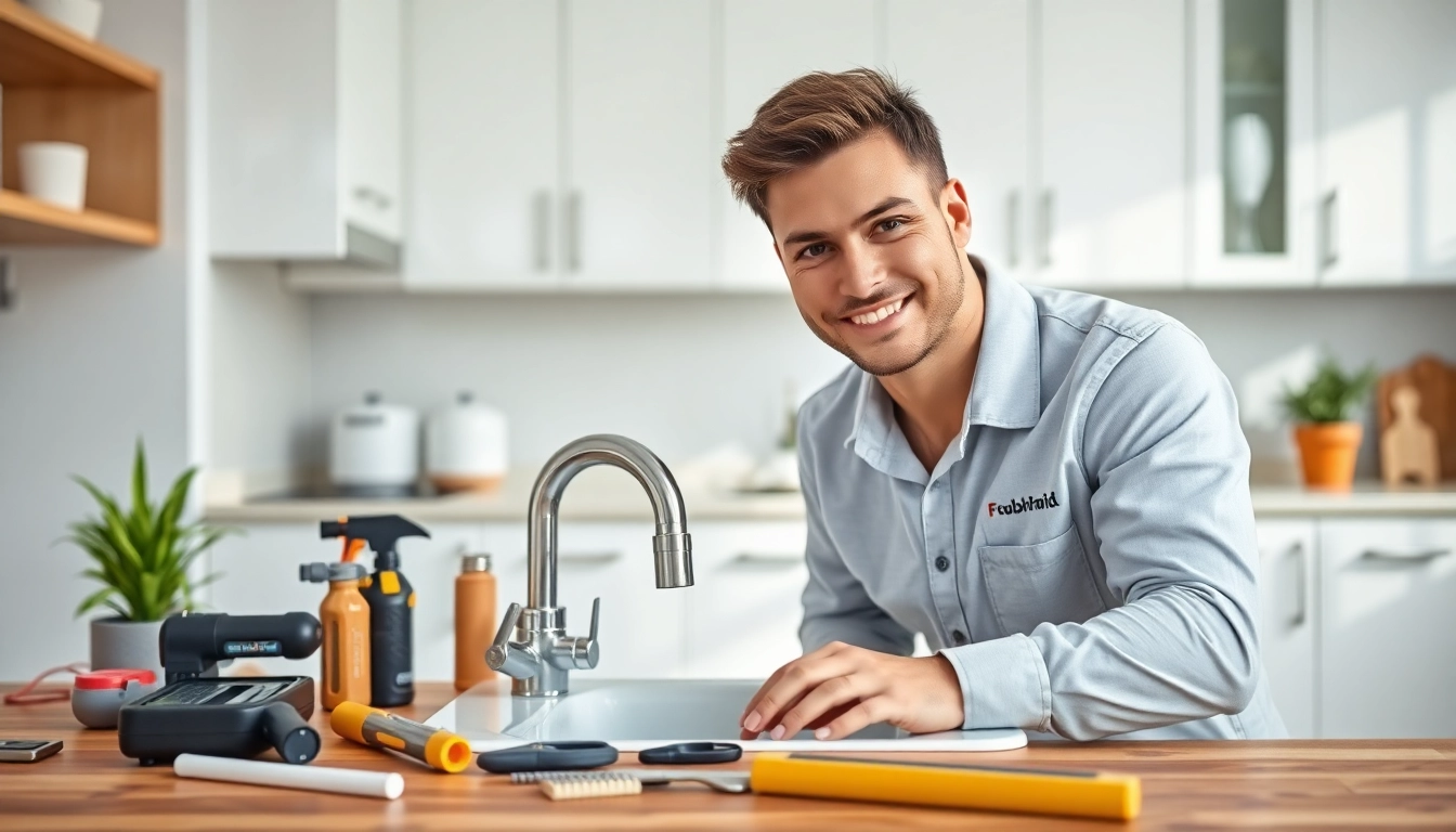 Find a trustworthy plumber near me fixing a sink in a modern kitchen.