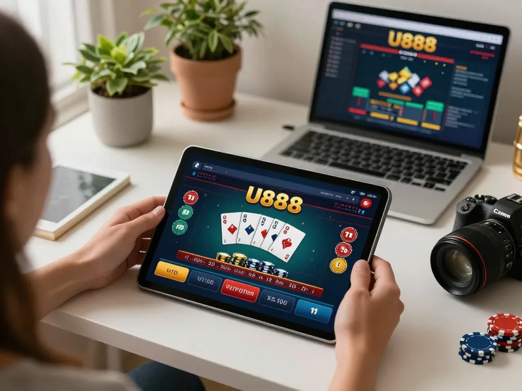 Engaging with U888 casino app on a stylish tablet at home, showcasing modern gaming atmosphere.