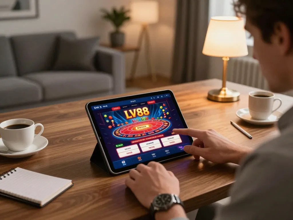 Player engaging with the LV88 casino app on a tablet in a stylish home setting.