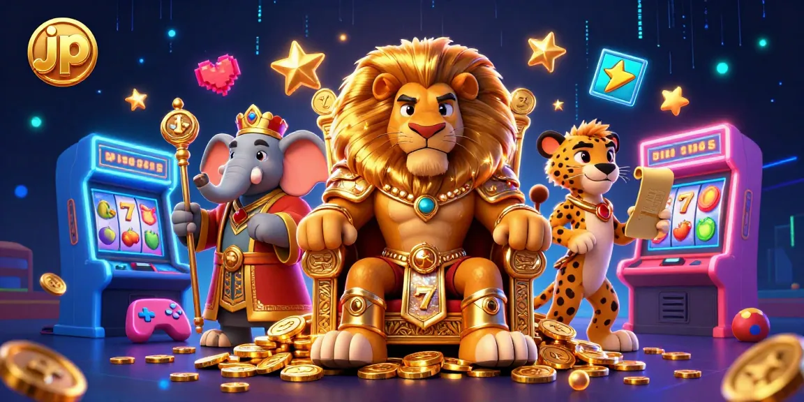 Win big with jp-themed slots, featuring a lion king and vibrant casino elements in a dynamic 3D illustration.