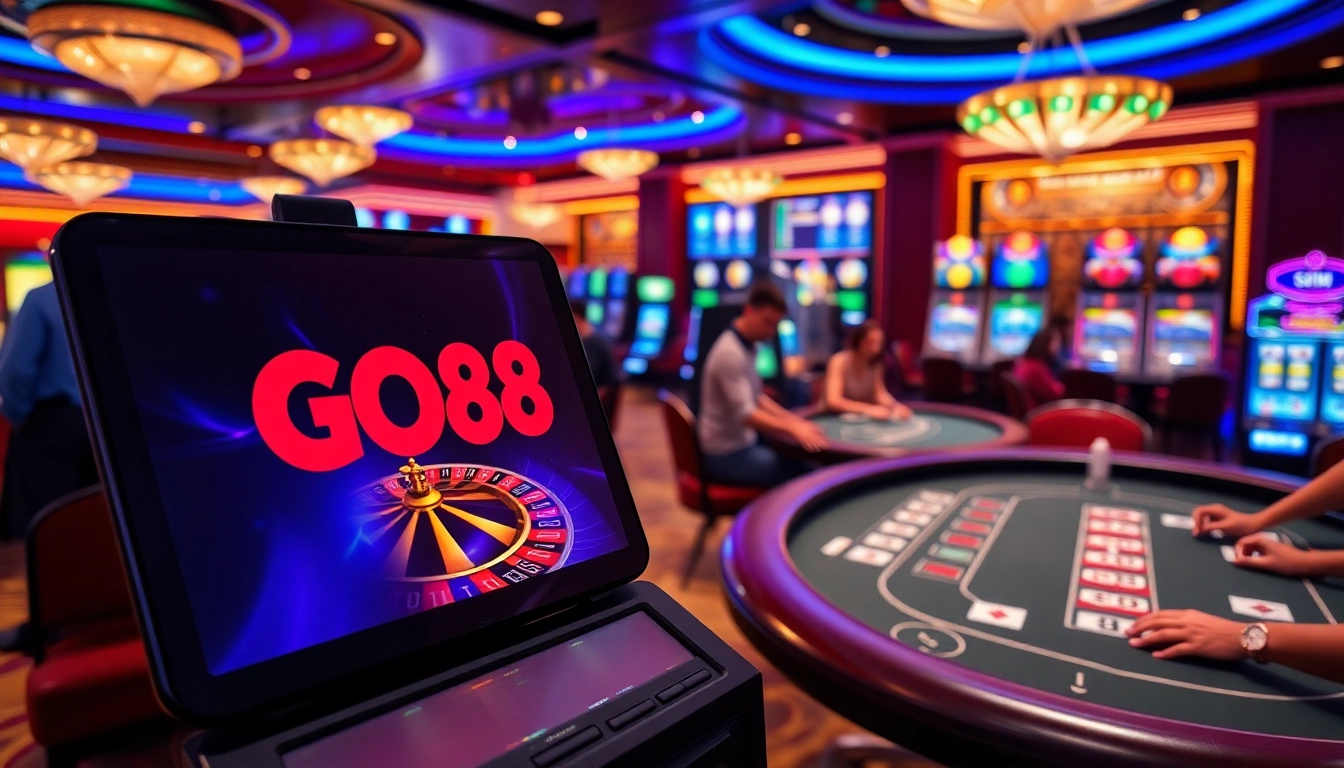 Experience GO88 thrills at a luxurious casino with vibrant games and engaging players around a roulette wheel.