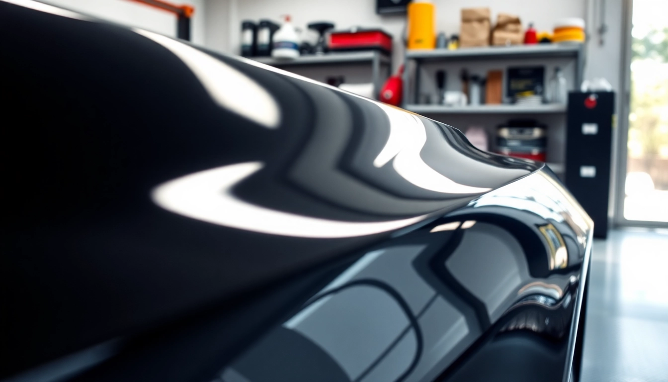 Auto detailing Cleveland TN showcasing a polished car in a bright garage environment with detailing tools.
