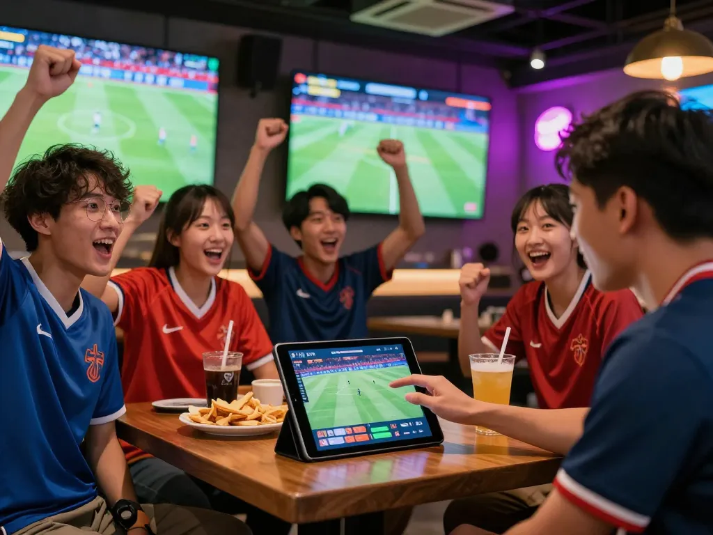 B体育 platform engaging users with live sports events and scores in a vibrant sports bar atmosphere.